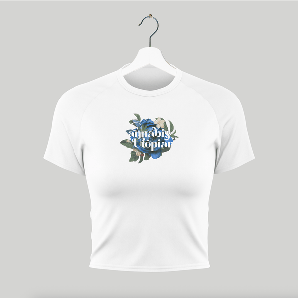 Cannabis Utopians Blue Flower Baby Tee | tshirts by Sano Gardens | Shop Utopian Threads